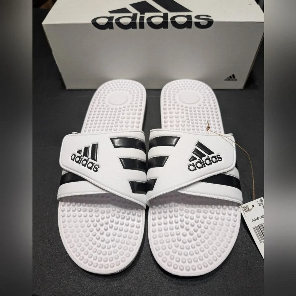 Adidas White Adissage 3 Stripe Slide Sandals Size‎ 17 NWT